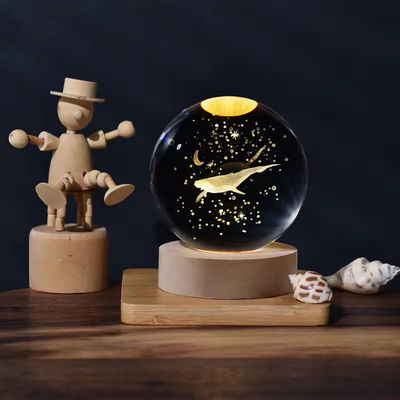 6cm 3D Kunst Kristallen Bal Nachtlicht Verjaardag Geschenk Nachtlicht Houten Licht Basis Tafellamp Decoratie