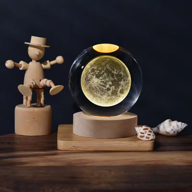 6cm 3D Kunst Kristallen Bal Nachtlicht Verjaardag Geschenk Nachtlicht Houten Licht Basis Tafellamp Decoratie