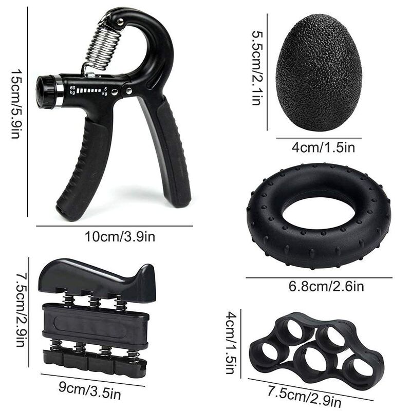  Handgreepversterker Kit 5-pack Zwart Verstelbare Grip Trainer Vingeroefenaar Grip Ring en Stressbal voor Hand-, Pols- en Onderarmtraining